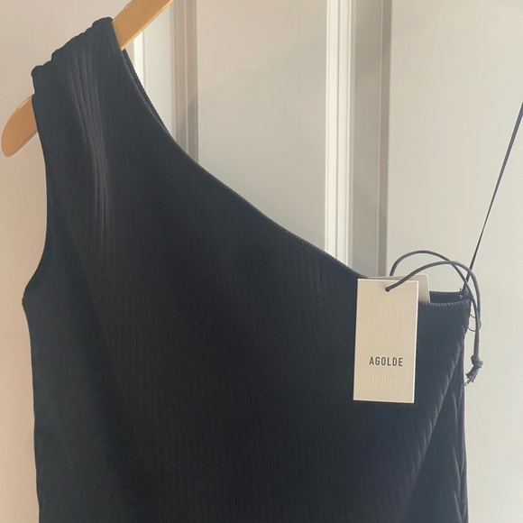NEW AGOLDE NESSA TANK BLACK ONE SHOULDER RIBBED KNIT BODYCON {$128} LARGE - Picture 3 of 11